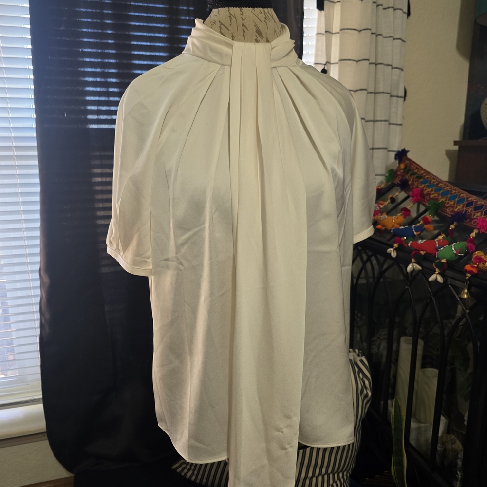 J. Crew White Blouse with Elegant Draping High Neckline